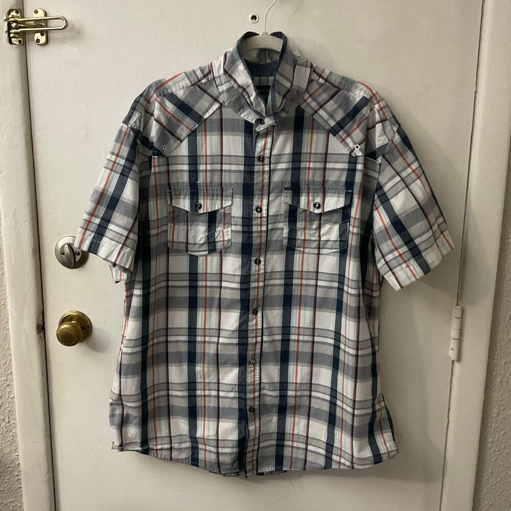 Ecko Button Down Plaid Strped Polo Shirt M Academia Classic Preppy Print Casual